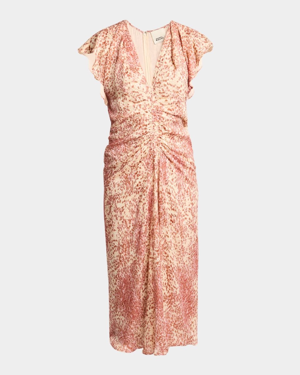 Lyndsay Spotted Velvet Burnout Flutter-Sleeve Midi Dress